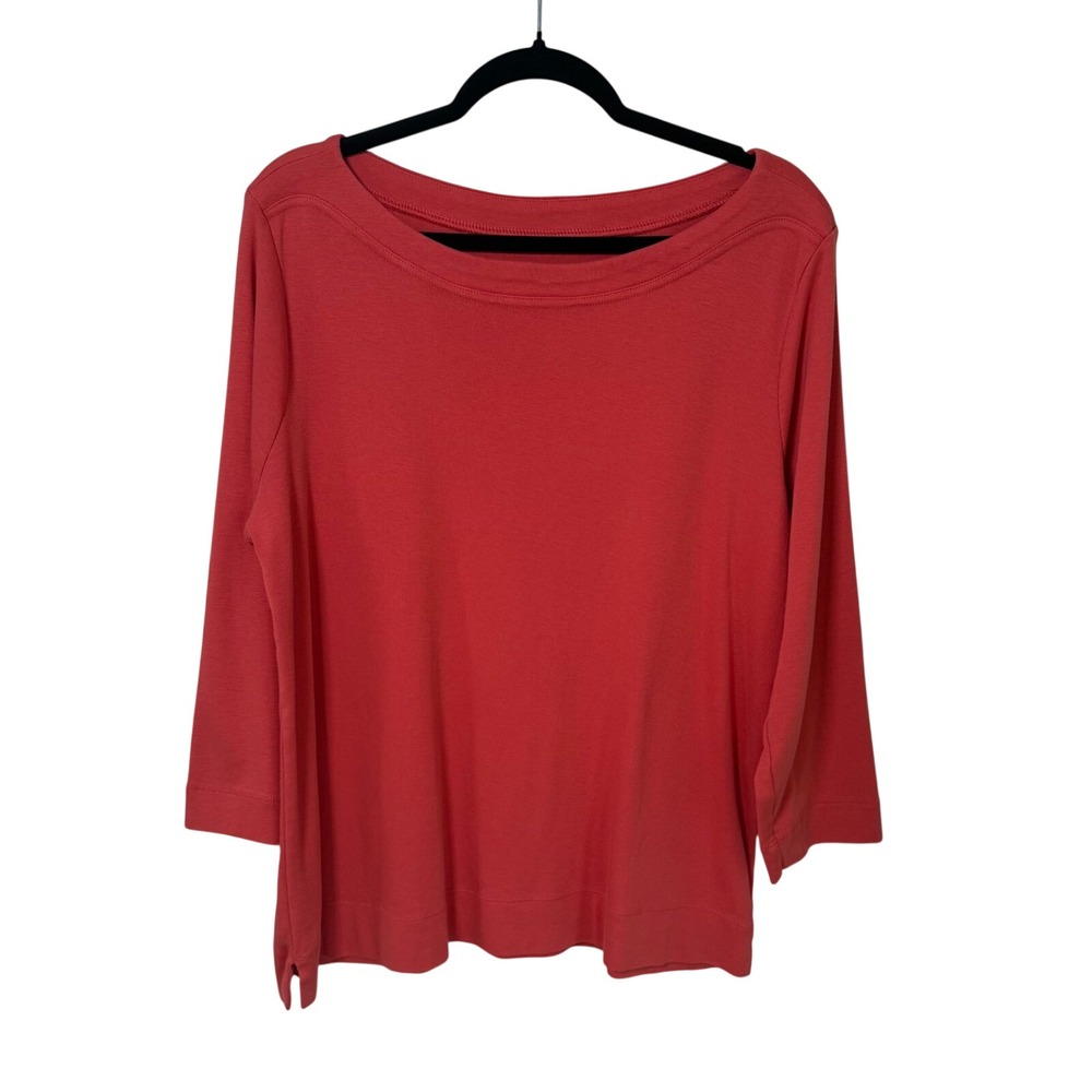 Chicos Pima Cotton Boat Neck 3/4 Sleeve Top Coral Womens Size 3 XL Natural Soft‎